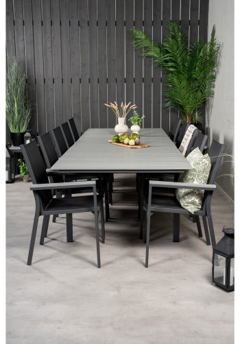 VENTURE DESIGN havest m Levels bord m udtrk og 10 Parma stole m armln - gr aintwood/sort textile