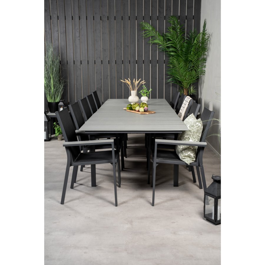 VENTURE DESIGN havest m Levels bord m udtrk og 10 Parma stole m armln - gr aintwood/sort textile