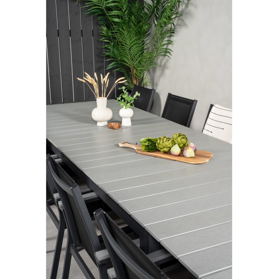 VENTURE DESIGN havest m Levels bord m udtrk og 10 Parma stole m armln - gr aintwood/sort textile