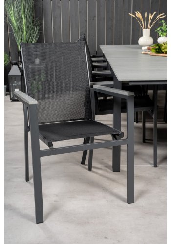 VENTURE DESIGN havest m Levels bord m udtrk og 10 Parma stole m armln - gr aintwood/sort textile