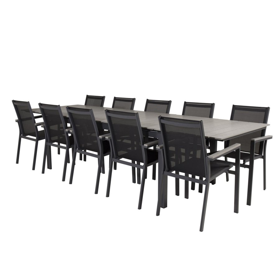 VENTURE DESIGN havest m Levels bord m udtrk og 10 Parma stole m armln - gr aintwood/sort textile