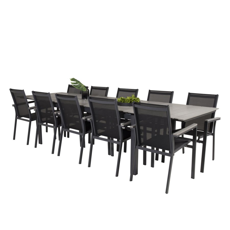 VENTURE DESIGN havest m Levels bord m udtrk og 10 Parma stole m armln - gr aintwood/sort textile