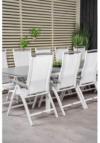 VENTURE DESIGN havest m Levels bord m udtrk og 10 Albany stole m. recliner - gr aintwood/hvid alu