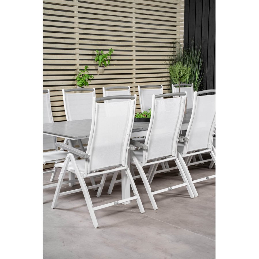 VENTURE DESIGN havest m Levels bord m udtrk og 10 Albany stole m. recliner - gr aintwood/hvid alu