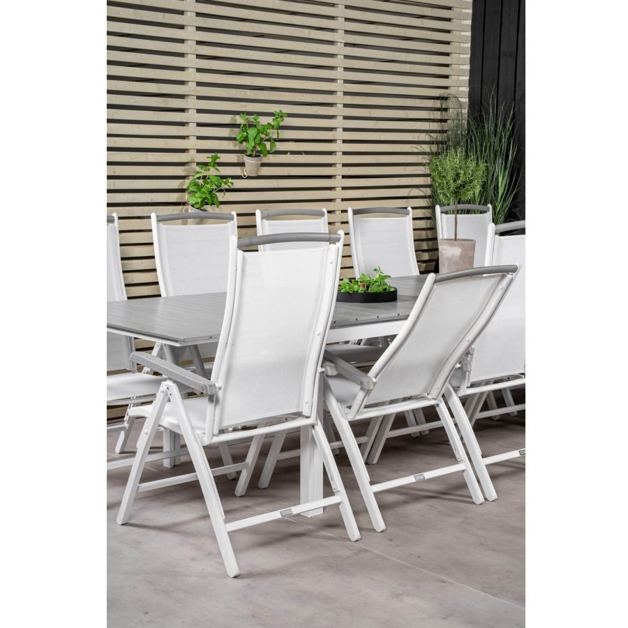 VENTURE DESIGN havest m Levels bord m udtrk og 10 Albany stole m. recliner - gr aintwood/hvid alu