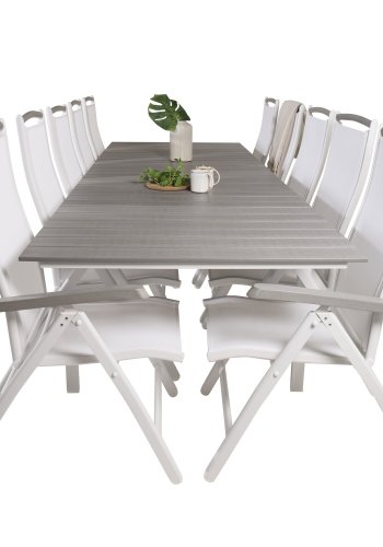 VENTURE DESIGN havest m Levels bord m udtrk og 10 Albany stole m. recliner - gr aintwood/hvid alu