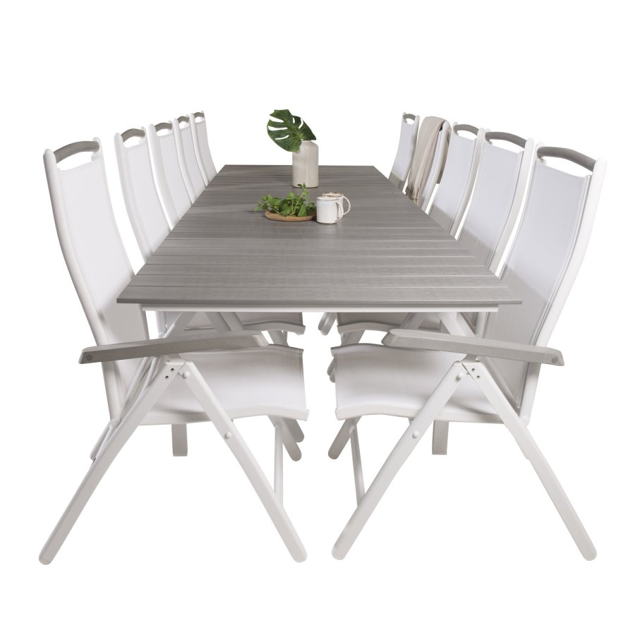 VENTURE DESIGN havest m Levels bord m udtrk og 10 Albany stole m. recliner - gr aintwood/hvid alu