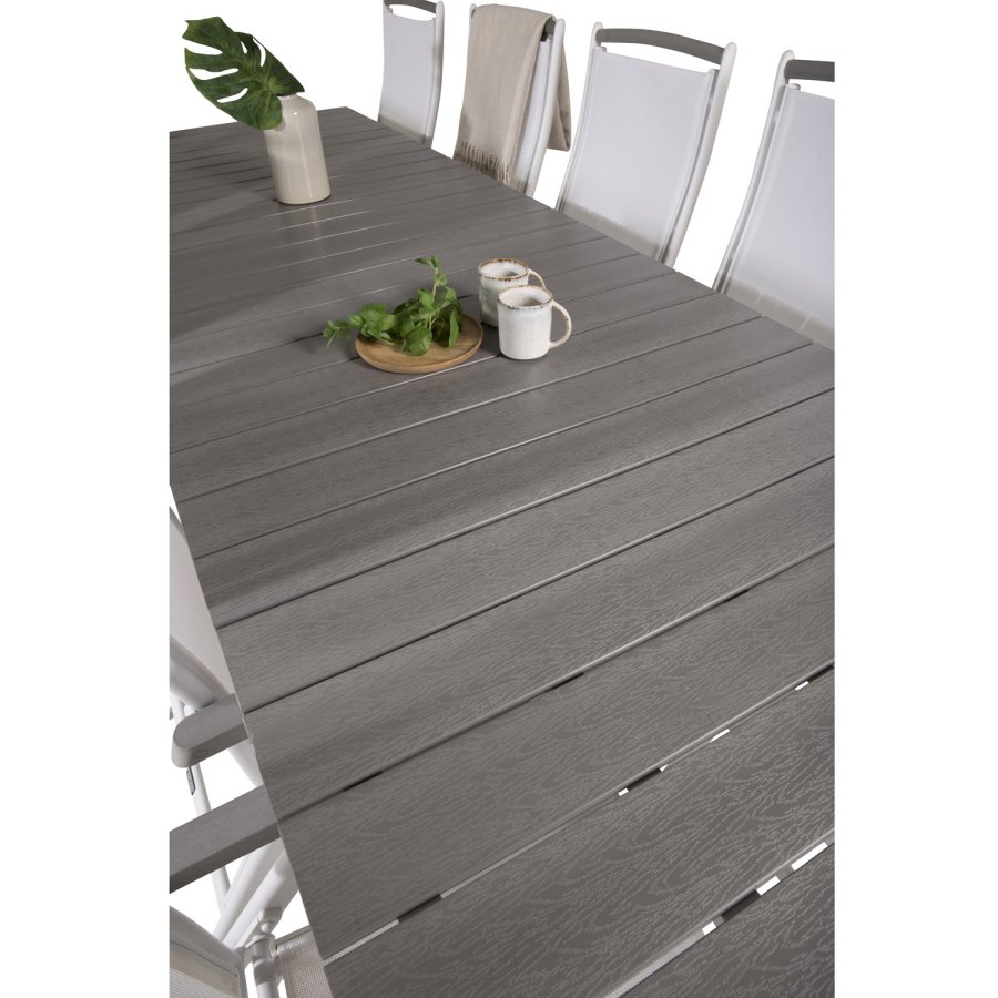 VENTURE DESIGN havest m Levels bord m udtrk og 10 Albany stole m. recliner - gr aintwood/hvid alu