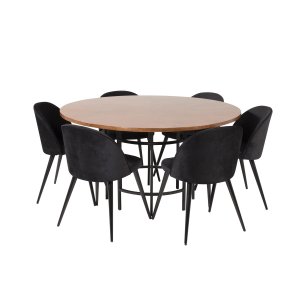 VENTURE DESIGN Copenhagen Matbordsset, med 6 Stolar - Brun Fanér / Svart Metall och Svart Sammet / Svart Metall
