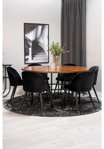 VENTURE DESIGN Copenhagen Esstischset mit 6 Stühlen – braunes Furnier/schwarzes Metall und schwarzer Samt/schwarzes Metall