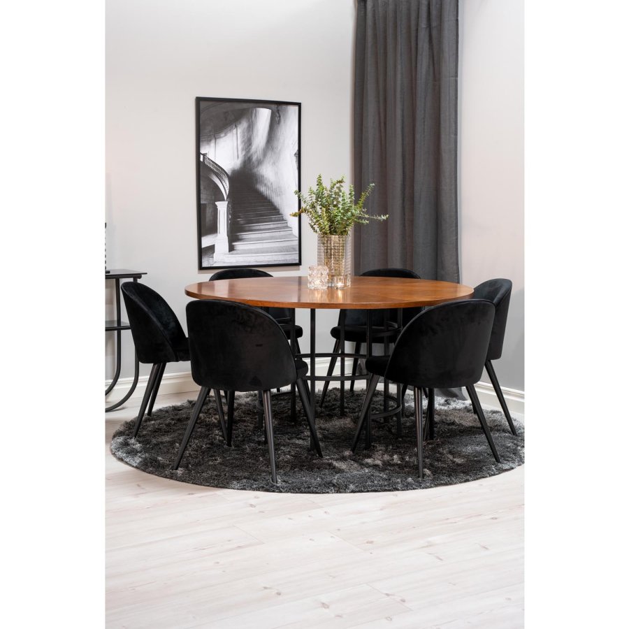 VENTURE DESIGN Copenhagen Esstischset mit 6 Stühlen – braunes Furnier/schwarzes Metall und schwarzer Samt/schwarzes Metall