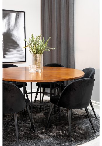 VENTURE DESIGN Copenhagen Esstischset mit 6 Stühlen – braunes Furnier/schwarzes Metall und schwarzer Samt/schwarzes Metall