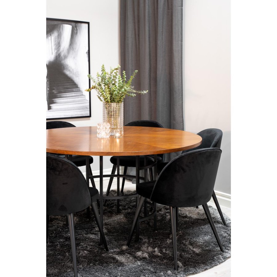 VENTURE DESIGN Copenhagen Esstischset mit 6 Stühlen – braunes Furnier/schwarzes Metall und schwarzer Samt/schwarzes Metall