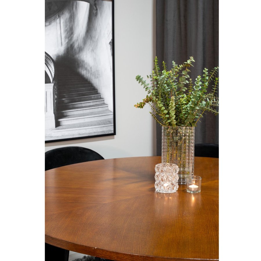 VENTURE DESIGN Copenhagen Esstischset mit 6 Stühlen – braunes Furnier/schwarzes Metall und schwarzer Samt/schwarzes Metall