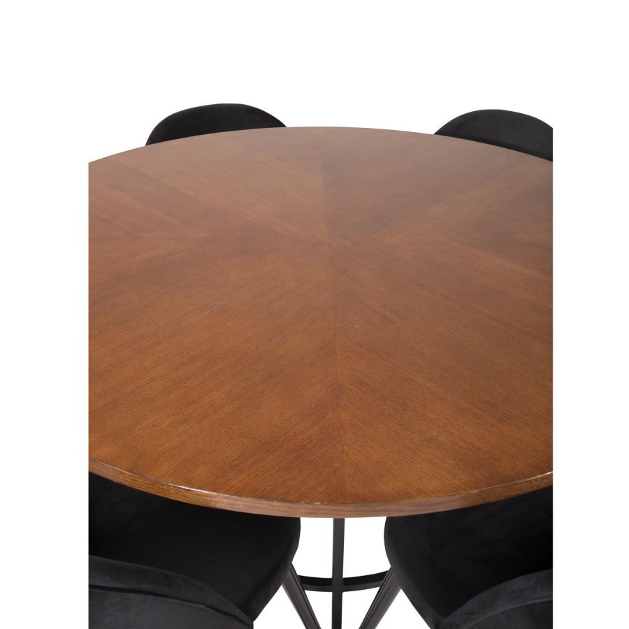 VENTURE DESIGN Copenhagen Esstischset mit 6 Stühlen – braunes Furnier/schwarzes Metall und schwarzer Samt/schwarzes Metall