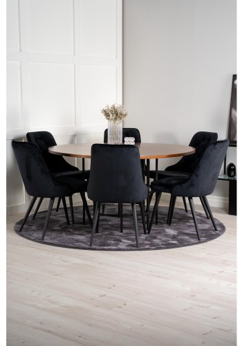 VENTURE DESIGN Copenhagen Esstischset mit 6 Stühlen – braunes Furnier/schwarzes Metall und schwarzer Samt/schwarzes Metall