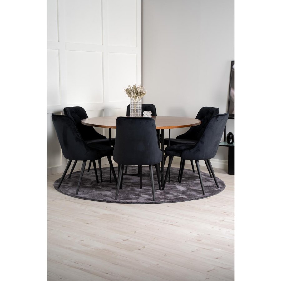 VENTURE DESIGN Copenhagen Esstischset mit 6 Stühlen – braunes Furnier/schwarzes Metall und schwarzer Samt/schwarzes Metall