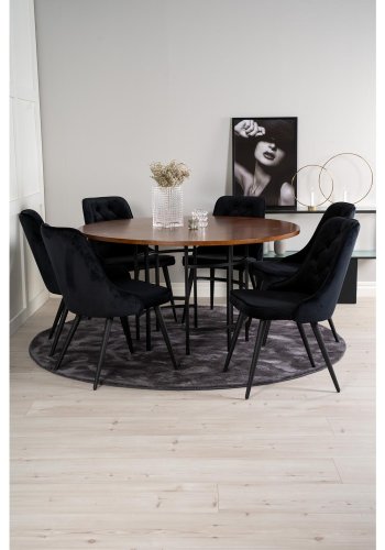 VENTURE DESIGN Copenhagen Esstischset mit 6 Stühlen – braunes Furnier/schwarzes Metall und schwarzer Samt/schwarzes Metall