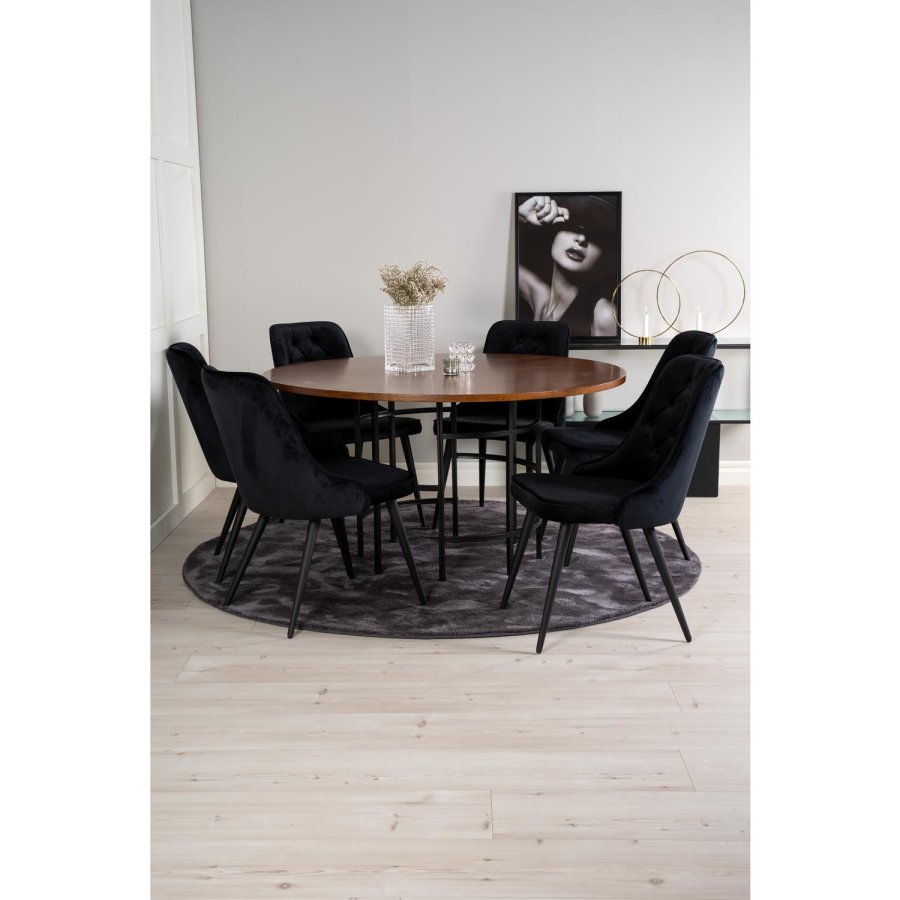VENTURE DESIGN Copenhagen Esstischset mit 6 Stühlen – braunes Furnier/schwarzes Metall und schwarzer Samt/schwarzes Metall