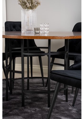 VENTURE DESIGN Copenhagen Esstischset mit 6 Stühlen – braunes Furnier/schwarzes Metall und schwarzer Samt/schwarzes Metall