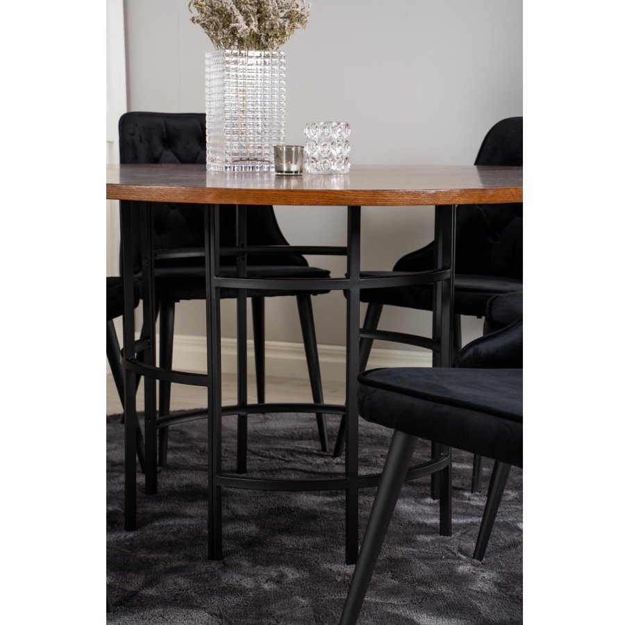 VENTURE DESIGN Copenhagen Esstischset mit 6 Stühlen – braunes Furnier/schwarzes Metall und schwarzer Samt/schwarzes Metall