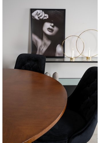 VENTURE DESIGN Copenhagen Esstischset mit 6 Stühlen – braunes Furnier/schwarzes Metall und schwarzer Samt/schwarzes Metall