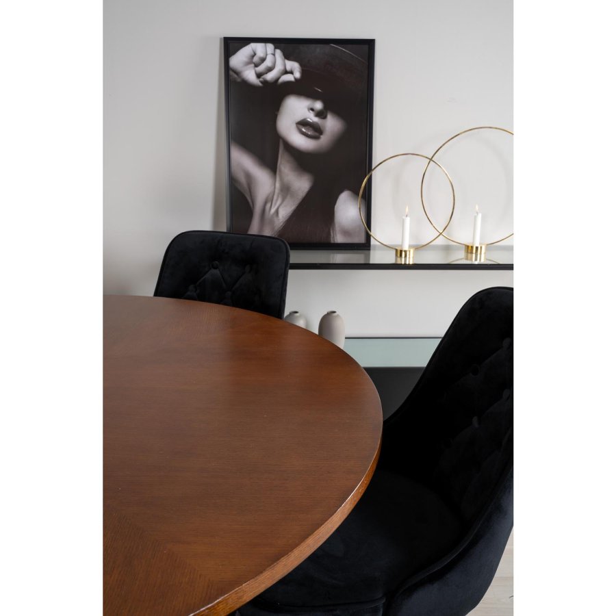 VENTURE DESIGN Copenhagen Esstischset mit 6 Stühlen – braunes Furnier/schwarzes Metall und schwarzer Samt/schwarzes Metall