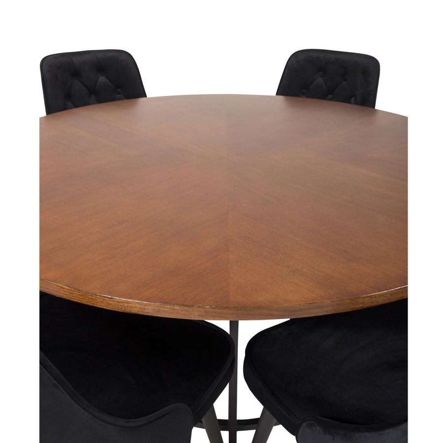 VENTURE DESIGN Copenhagen Esstischset mit 6 Stühlen – braunes Furnier/schwarzes Metall und schwarzer Samt/schwarzes Metall