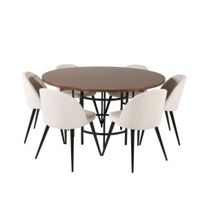 VENTURE DESIGN Copenhagen Esstisch-Set mit 6 St�hlen � braunes Furnier/schwarzes Metall, beiger Samt/schwarzes Metall
