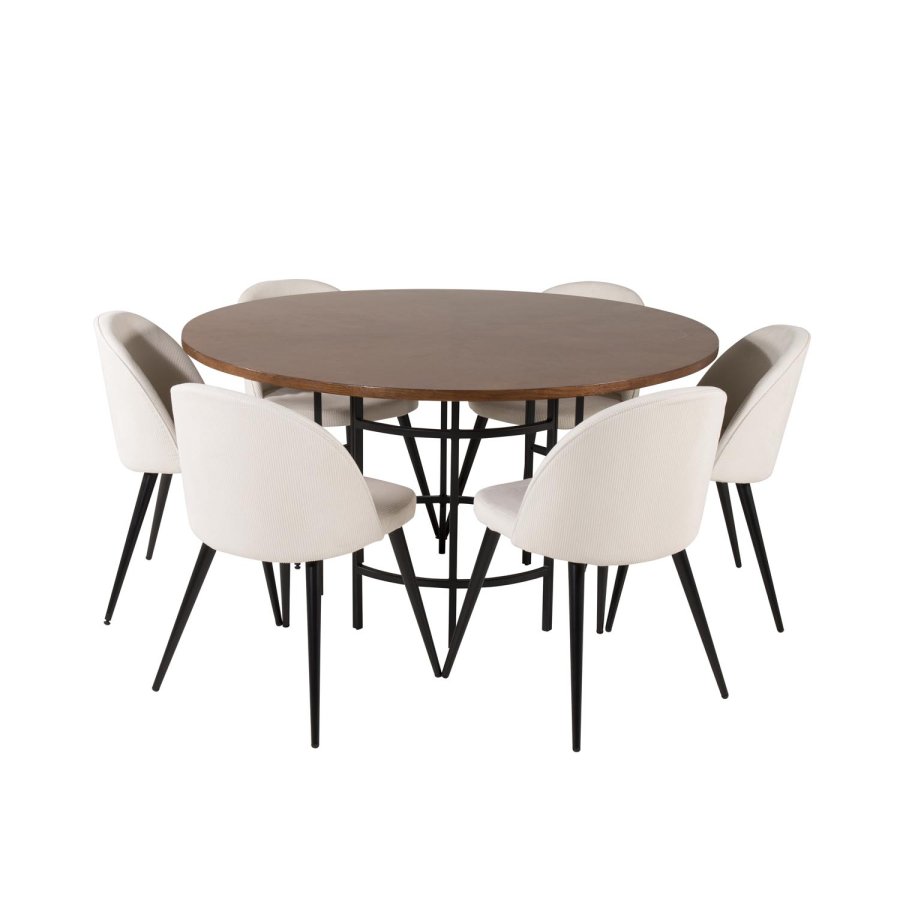 VENTURE DESIGN Copenhagen Esstisch-Set mit 6 St�hlen � braunes Furnier/schwarzes Metall, beiger Samt/schwarzes Metall