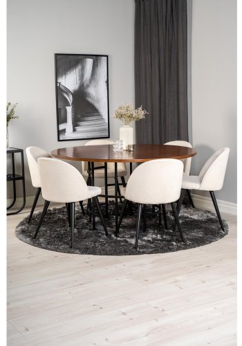 VENTURE DESIGN Copenhagen Esstisch-Set mit 6 St�hlen � braunes Furnier/schwarzes Metall, beiger Samt/schwarzes Metall