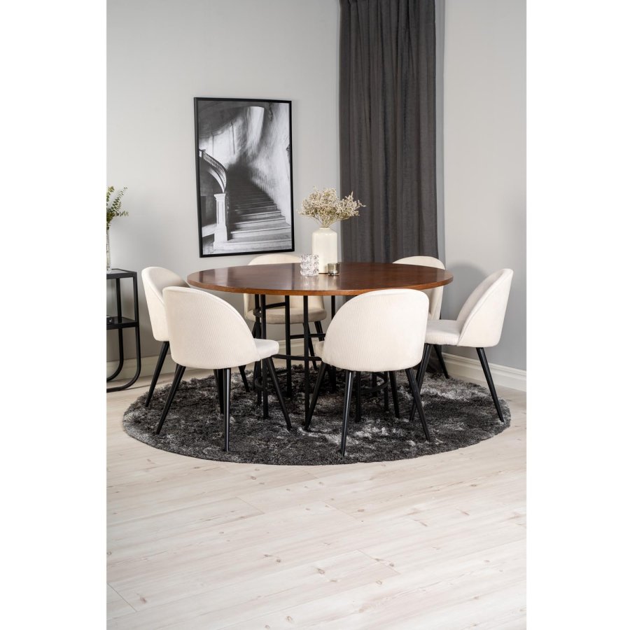 VENTURE DESIGN Copenhagen Esstisch-Set mit 6 St�hlen � braunes Furnier/schwarzes Metall, beiger Samt/schwarzes Metall