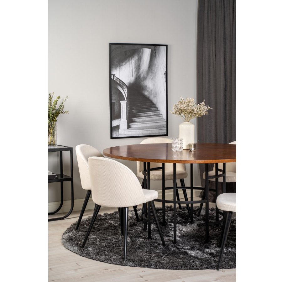 VENTURE DESIGN Copenhagen Esstisch-Set mit 6 St�hlen � braunes Furnier/schwarzes Metall, beiger Samt/schwarzes Metall