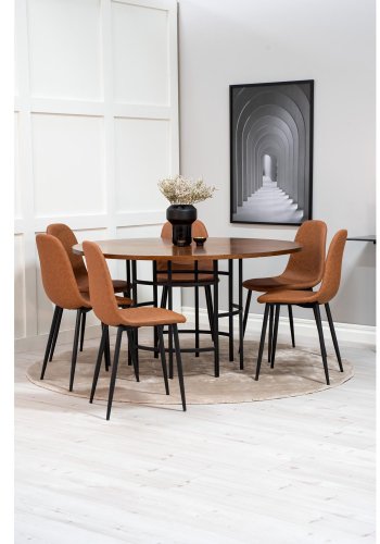 VENTURE DESIGN Copenhagen spisebordsett, m. 6 stoler - brun finer/svart metall og brun PU/svart metall