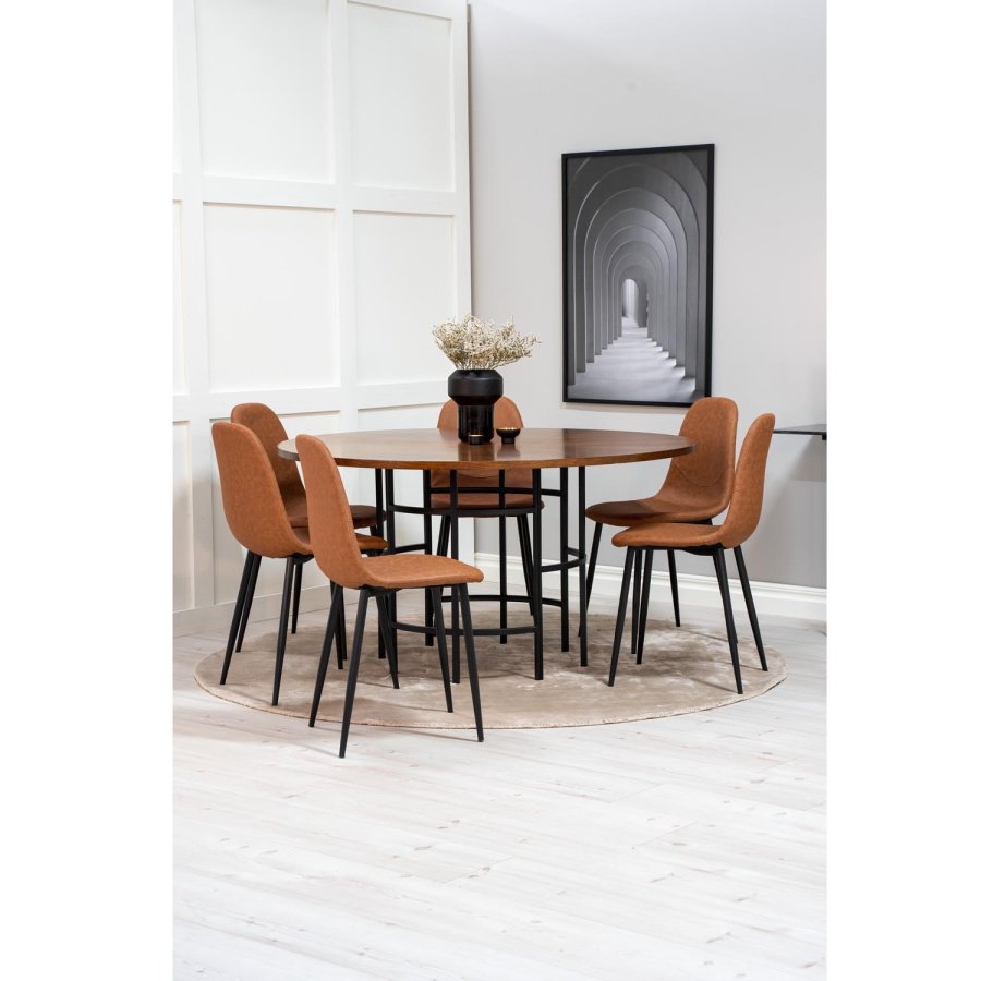 VENTURE DESIGN Copenhagen spisebordsett, m. 6 stoler - brun finer/svart metall og brun PU/svart metall