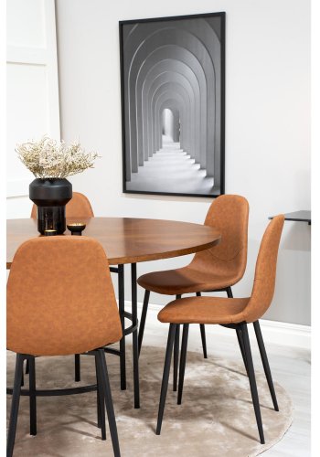 VENTURE DESIGN Copenhagen spisebordsett, m. 6 stoler - brun finer/svart metall og brun PU/svart metall