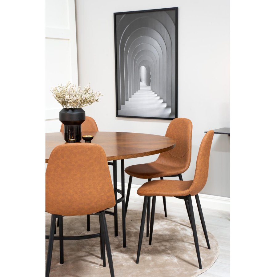 VENTURE DESIGN Copenhagen spisebordsett, m. 6 stoler - brun finer/svart metall og brun PU/svart metall