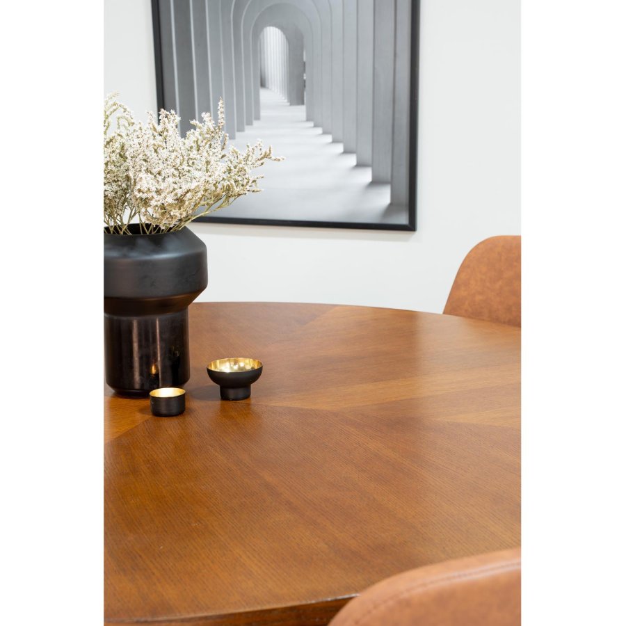 VENTURE DESIGN Copenhagen spisebordsett, m. 6 stoler - brun finer/svart metall og brun PU/svart metall