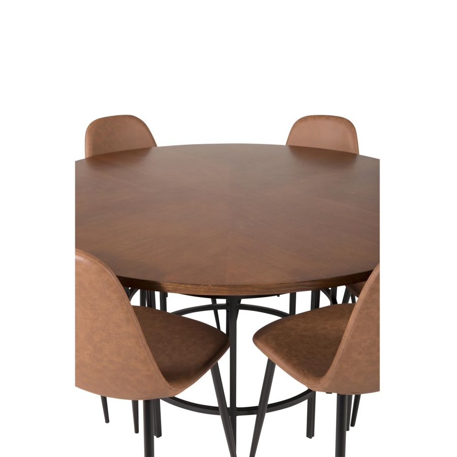 VENTURE DESIGN Copenhagen spisebordsett, m. 6 stoler - brun finer/svart metall og brun PU/svart metall