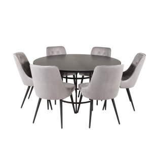 VENTURE DESIGN Copenhagen spisebordsett, m. 6 stoler - sort fin�r/svart metall og gr� fl�yel/svart metall