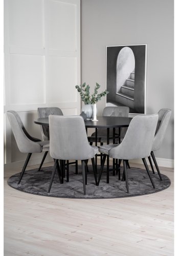 VENTURE DESIGN Copenhagen spisebordsett, m. 6 stoler - sort fin�r/svart metall og gr� fl�yel/svart metall