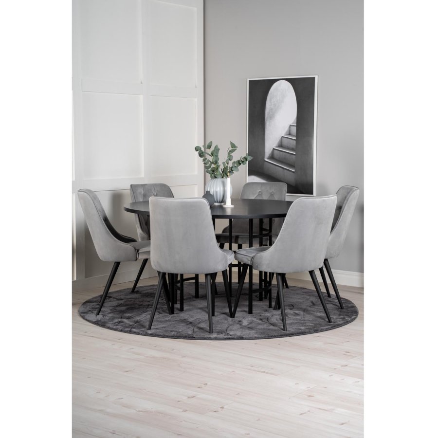 VENTURE DESIGN Copenhagen spisebordsett, m. 6 stoler - sort fin�r/svart metall og gr� fl�yel/svart metall