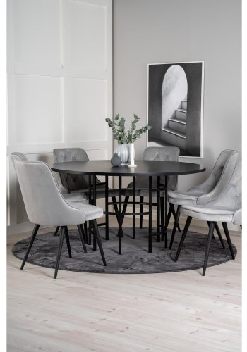 VENTURE DESIGN Copenhagen spisebordsett, m. 6 stoler - sort fin�r/svart metall og gr� fl�yel/svart metall