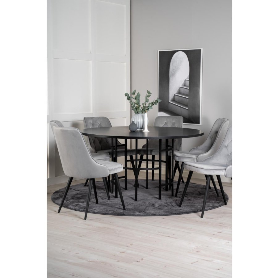 VENTURE DESIGN Copenhagen spisebordsett, m. 6 stoler - sort fin�r/svart metall og gr� fl�yel/svart metall