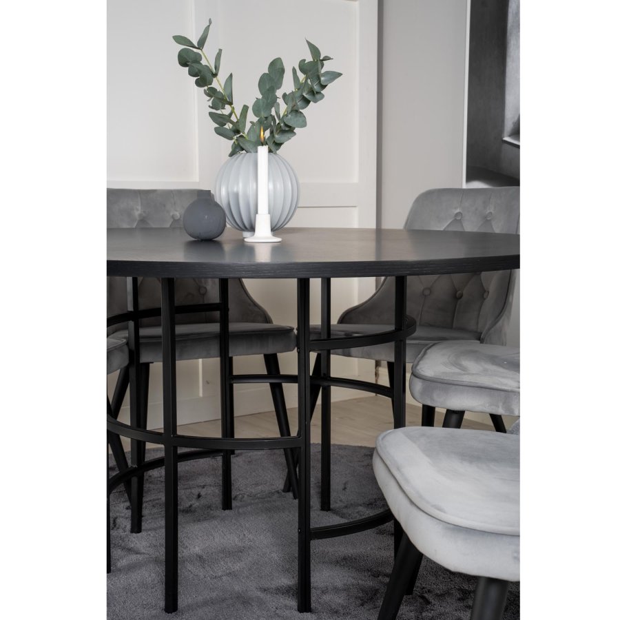 VENTURE DESIGN Copenhagen spisebordsett, m. 6 stoler - sort fin�r/svart metall og gr� fl�yel/svart metall