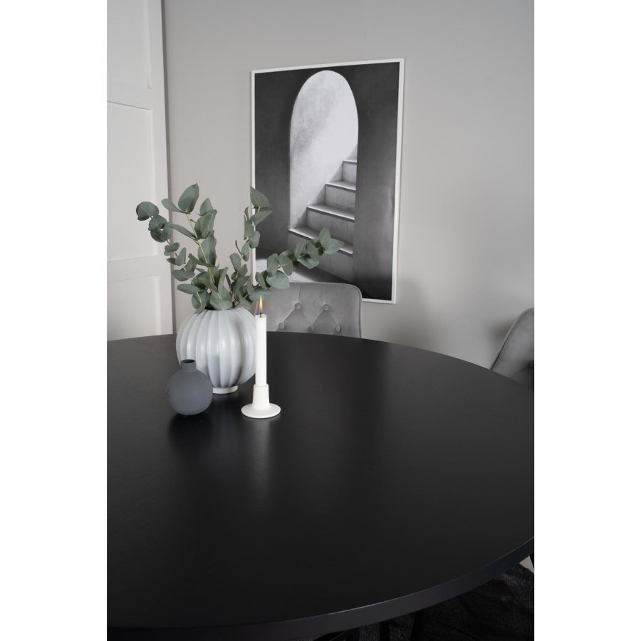 VENTURE DESIGN Copenhagen spisebordsett, m. 6 stoler - sort fin�r/svart metall og gr� fl�yel/svart metall