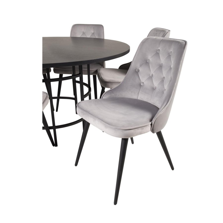 VENTURE DESIGN Copenhagen spisebordsett, m. 6 stoler - sort fin�r/svart metall og gr� fl�yel/svart metall