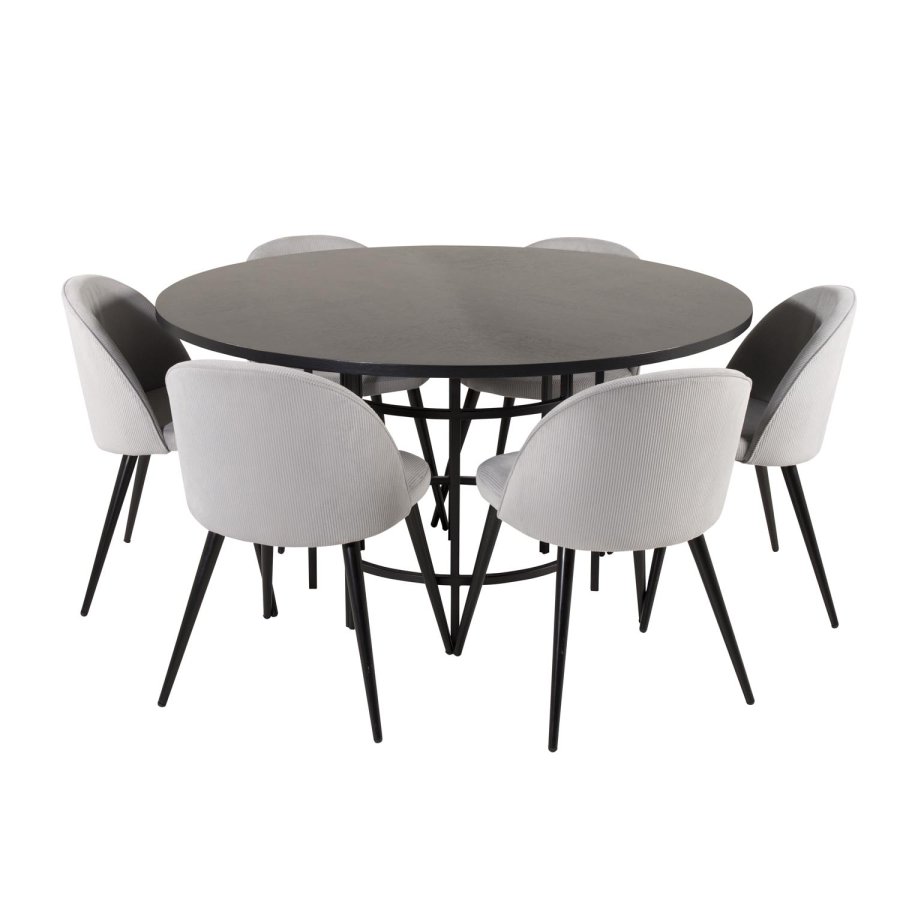 VENTURE DESIGN Copenhagen spisebordsett, m. 6 stoler - sort fin�r/svart metall og gr� fl�yel/svart metall