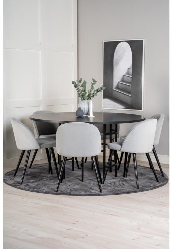 VENTURE DESIGN Copenhagen spisebordsett, m. 6 stoler - sort fin�r/svart metall og gr� fl�yel/svart metall