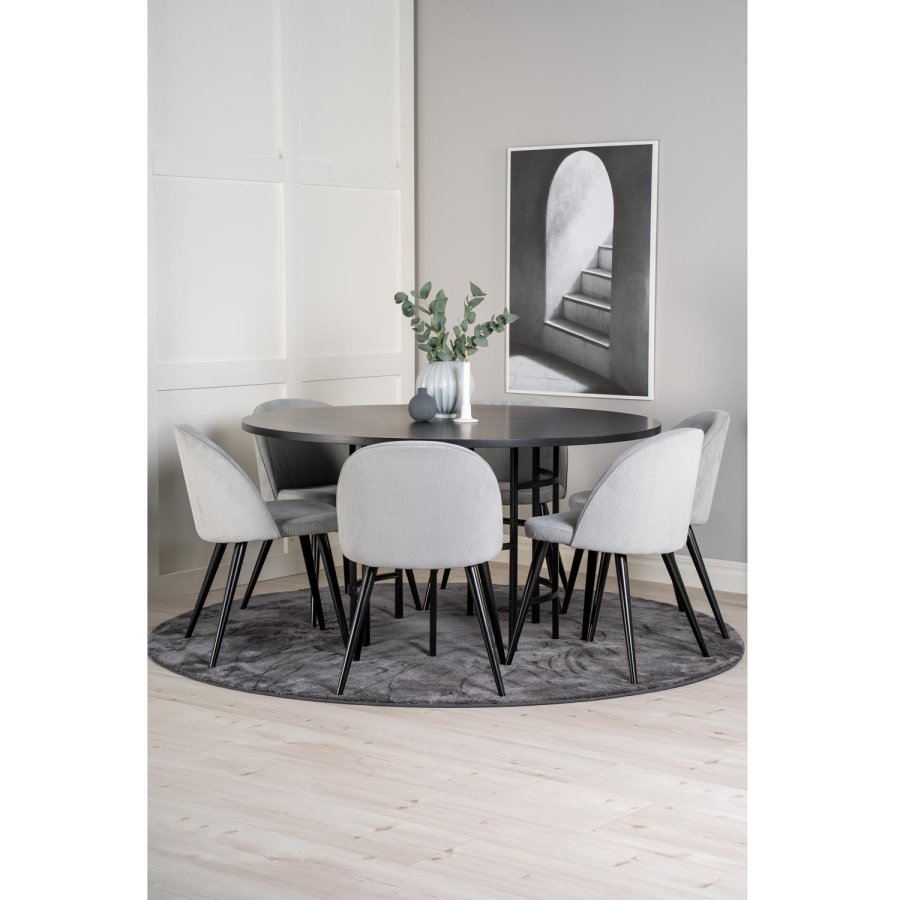 VENTURE DESIGN Copenhagen spisebordsett, m. 6 stoler - sort fin�r/svart metall og gr� fl�yel/svart metall